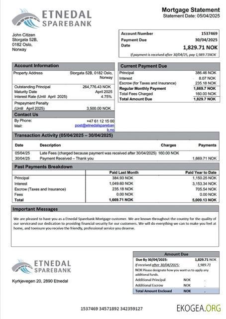Modèle Word et PDF de relevé hypothécaire de la Norvège Etnedal Sparebank